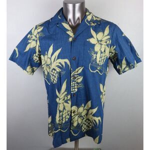 Mens RJC Hawaiian Shirt Size M Short Sleeve Button Front Shirt Blue Guitars 102C
